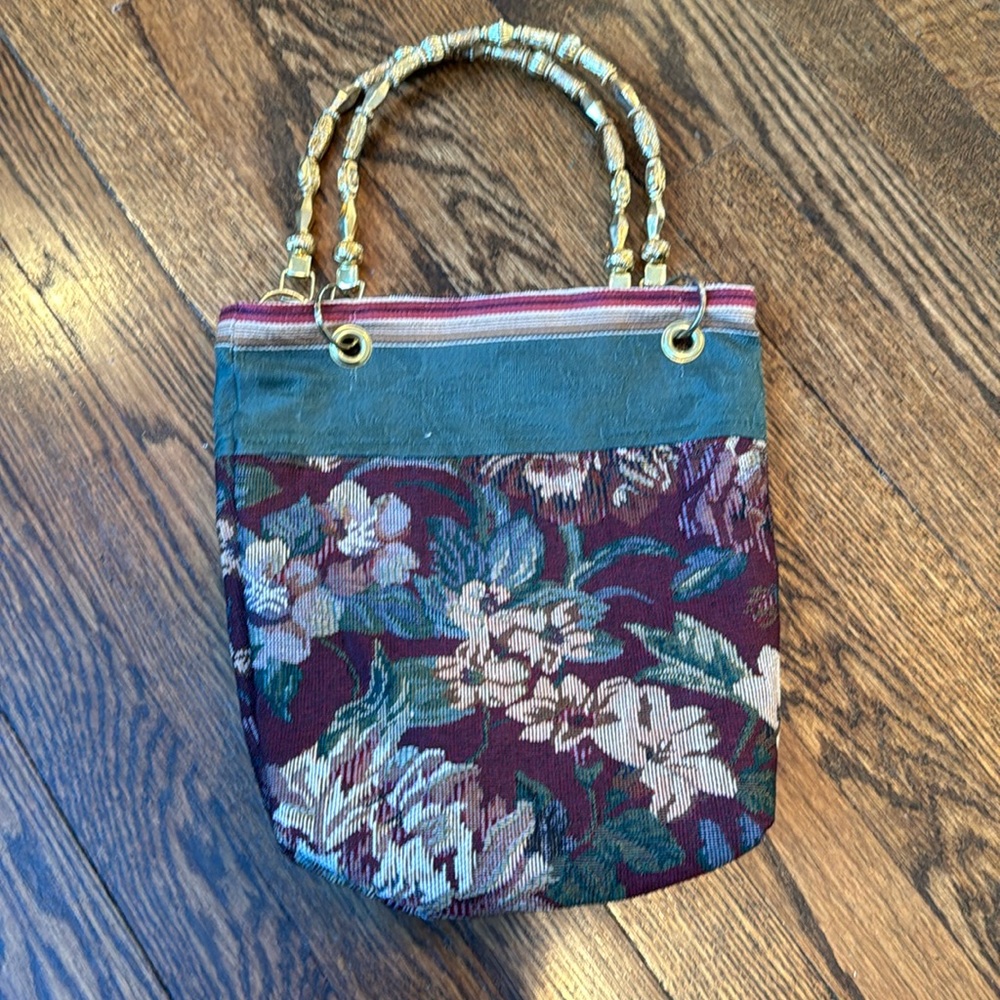 Vintage Handmade Tapestry Bag with Gold Beaded Handles